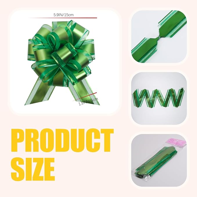 6 PCS 6 Inch Organza Green Pull Bows - Image 2