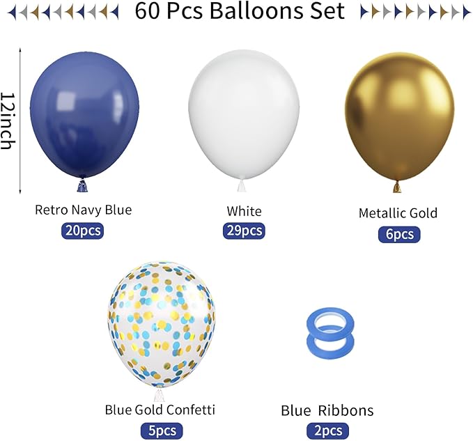 Navy Blue and Gold Balloons, 12 Inch Metallic Gold Blue Confetti Balloons White - Image 2