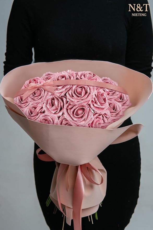 N&T NIETING Artificial Flowers Glowing Dark Pink Flowers Foam 25pcs Glitter - Image 3