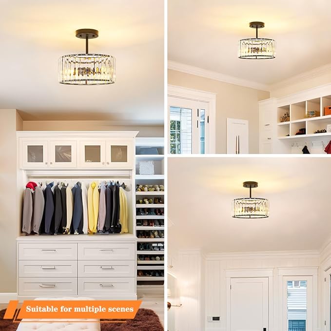 Modern Crystal Ceiling Light, Matte Black Semi Flush Mount Ceiling Lighting - Image 4