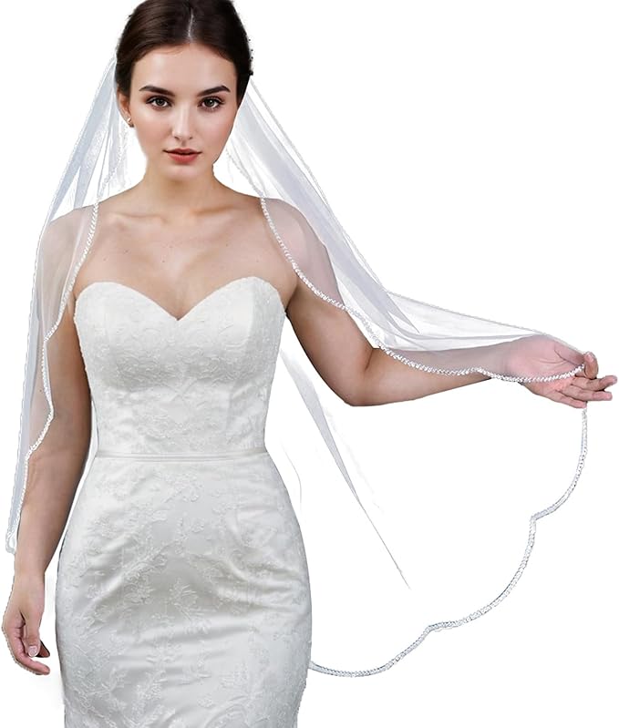 Bridal Veils Pearls and Crystals Beaded Edge Fingertip Length Wedding Veil by Unknown