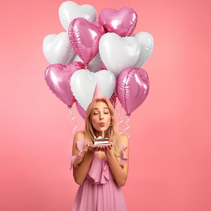 Heart Foil Balloons, 18 Inch White & Pink Heart Shape Mylar Balloons - Image 3