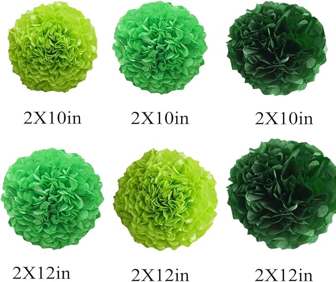 12pcs Paper Pom Poms Tissue Flower Kit - 10in 12in Green Hanging Balls - Image 2