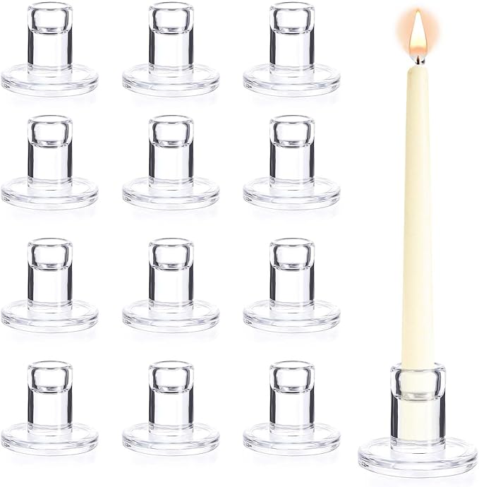 12-Pack Clear Taper Candle Holders, Glass Candlestick Holders by HOFURME