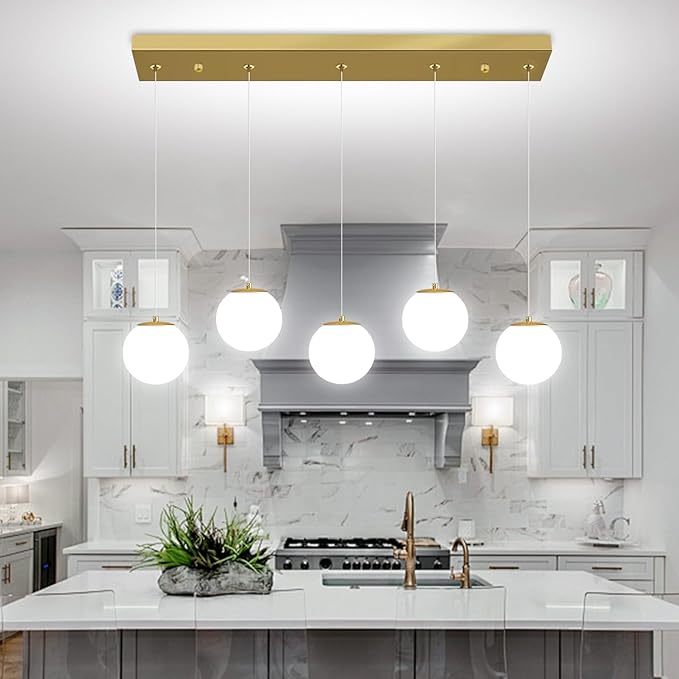 5-Lights Globe Pendant Light for Kitchen Island H 98" Gold Rectangle Chandelier - Image 6