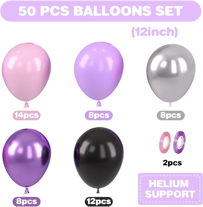 Purple Pink Balloons, 12 Inch Metallic Silver Purple Pink Black Balloons - Image 2