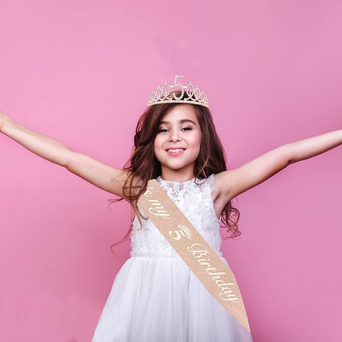 5th Birthday Decorations for Girls, Including Sash, Crown/Tiara, Cake Topper - Image 3
