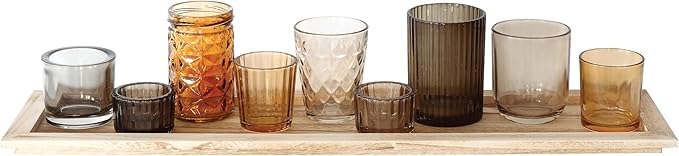 Wood Tray with 9 Brown Glass Votive Holders - Image 4