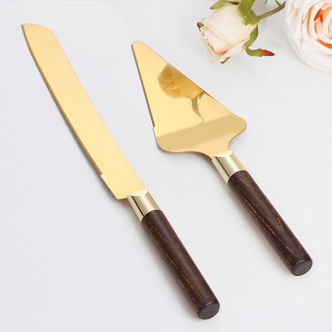 Gold Cake Cutting Set for Wedding, Wood Cake Knife and Server Set, Vintage by TUKDAK