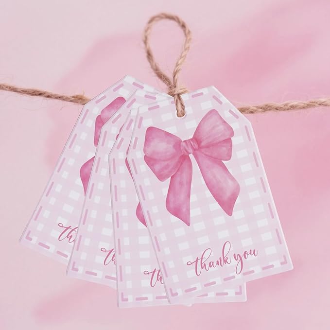 100Pcs Pink Bow Gift Tags with String Pink Buffalo Plaid Large Gift Tags with - Image 6