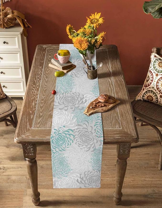 Auqa Chrysanthemum Cotton Linen Table Runner - Image 4