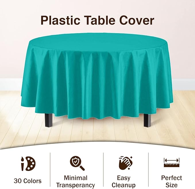 12-Pack Premium Plastic Tablecloth 84in. Round Table Cover - Image 3