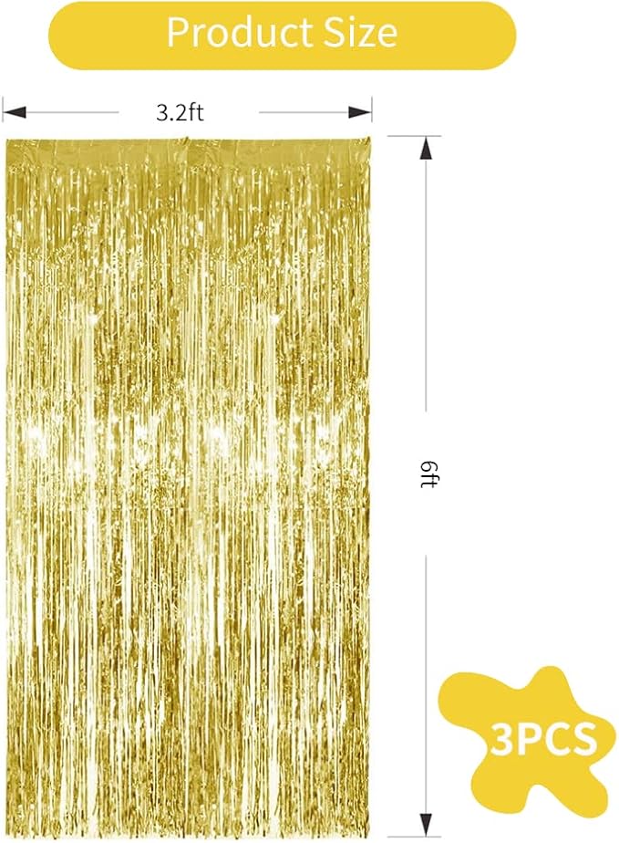 3Pcs Gold Metallic Tinsel Foil Fringe Curtains, 3.28ft x 6.56ft Gold Photo - Image 2