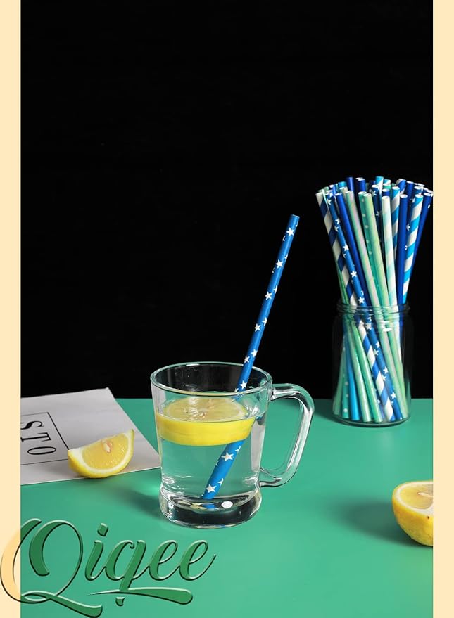 Blue Paper Straws 150pcs Disposable Bulk qiqee - Image 6