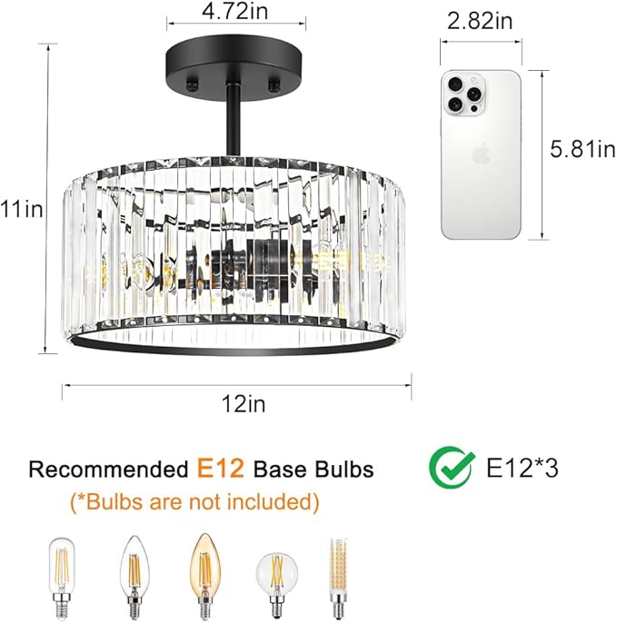Modern Crystal Ceiling Light, Matte Black Semi Flush Mount Ceiling Lighting - Image 7