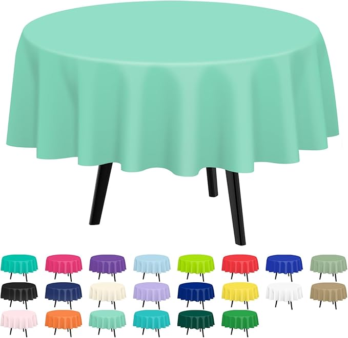 QIKSION Fresh Mint Round Tablecloth 2 Pack, 84 Inch Plastic Table Cover by QIKSION