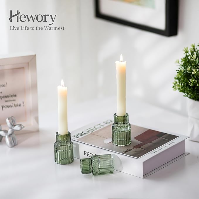 Hewory Glass Taper Candle Holders: 10 PCS Green Vintage Candle Holder - Image 2