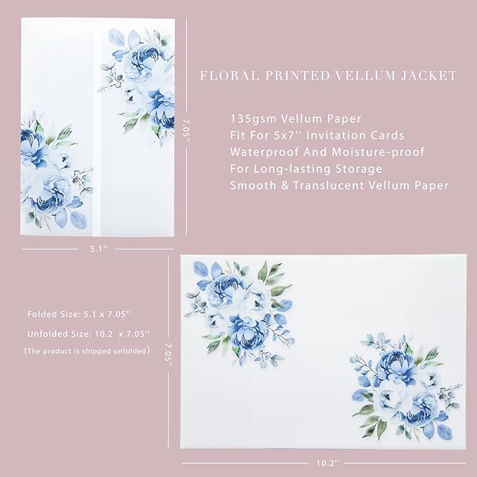 PONATIA 50PCS Vellum Jackets for 5x7 Invitation Cards- 135GSM Light Blue Floral - Image 5