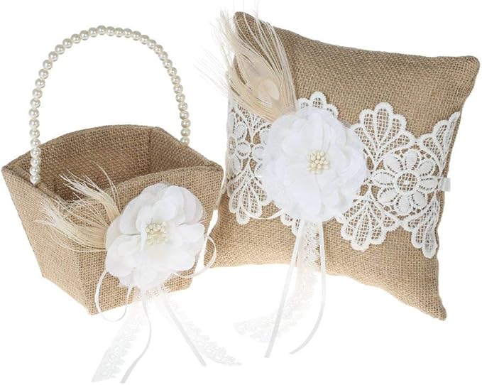 Fbest 4pcs/Set Vintage Rustic Burlap Wedding Supplies Flower Girl Basket + Ring - Image 7