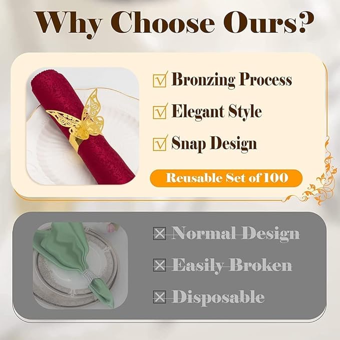 150 Pcs Napkin Rings Laser Cut Butterfly Shape Foil Paper Napkin Holder - Image 3