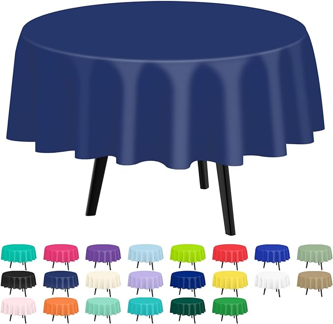 QIKSION Navy Blue Round Tablecloth 2 Pack, 84 Inch Plastic Table Cover by QIKSION