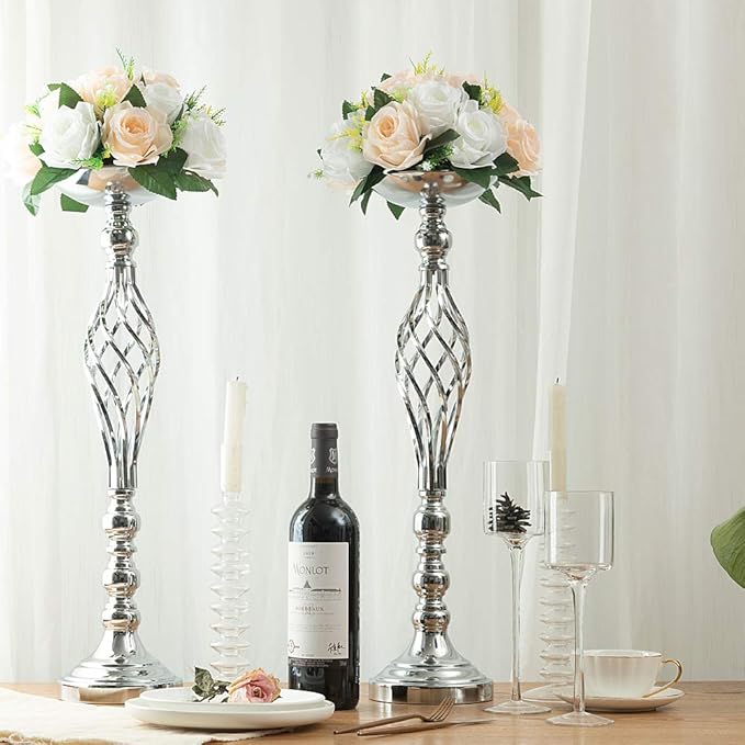 LANLONG 2pcs Metal Silver Candle Holders Road Lead Table Centerpiece Stand - Image 4