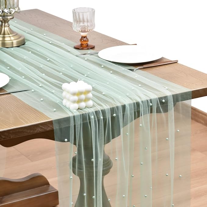 Joanlody Fall Pearl Table Runner 10ft Rustic Boho Tulle Table Runner by Joanlody