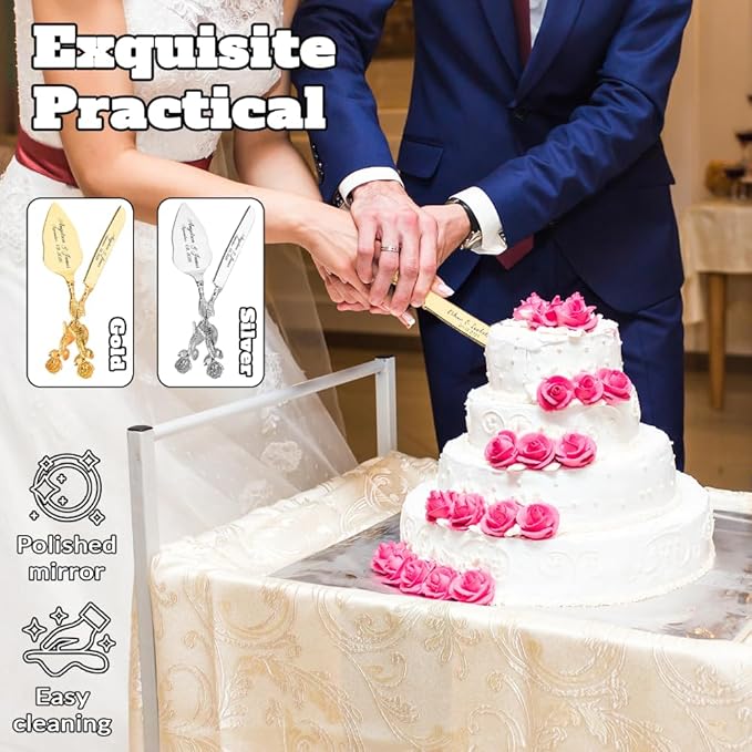 Engraved Personalized Gold Wedding Cake Knife and Server Set - Image 5