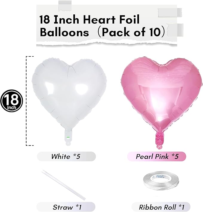 Heart Foil Balloons, 18 Inch White & Pink Heart Shape Mylar Balloons - Image 2