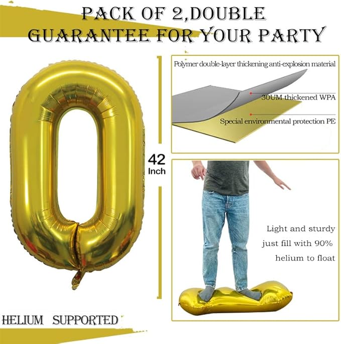 GOER 2 Pcs 42 Inch Gold Foil Balloons Number 0 - Image 3