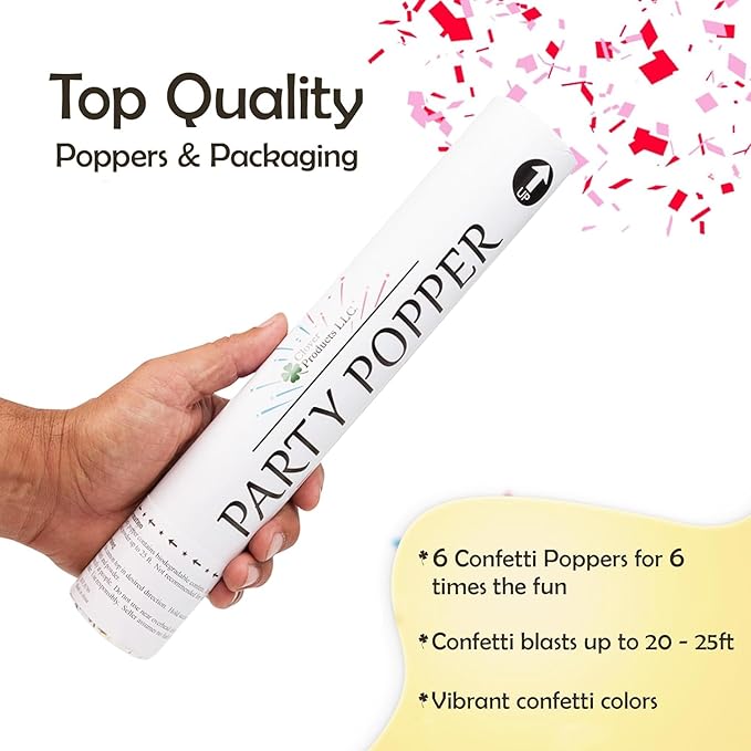 Clover Products 12" Biodegradable Confetti Cannons | 6 Pack | Red & Pink Poppers - Image 5
