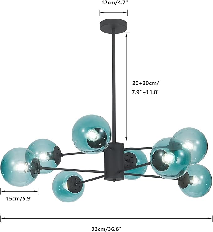 KCO Lighting Modern 8-Lights Blue Glass Sputnik Chandelier Mid-Century Matte - Image 2