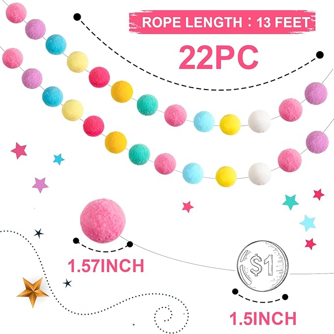 TBD Decor 2pk Pom Pom Garland Easter Decorations 13FT Colorful Large Felt Ball - Image 2