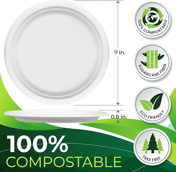 150pcs 100% Compostable 9in Paper Plates, Heavy Duty Disposable Eco Friendly - Image 2