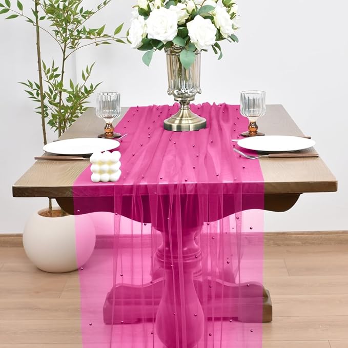 Joanlody Fall Fuschia Pearl Table Runner 10ft Rustic Boho Tulle Table Runner - Image 2