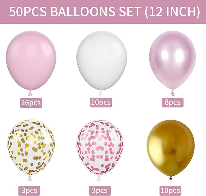 Pink and Gold Balloons, 12 Inch Pink White Metallic Chrome Gold Confetti Pink - Image 3