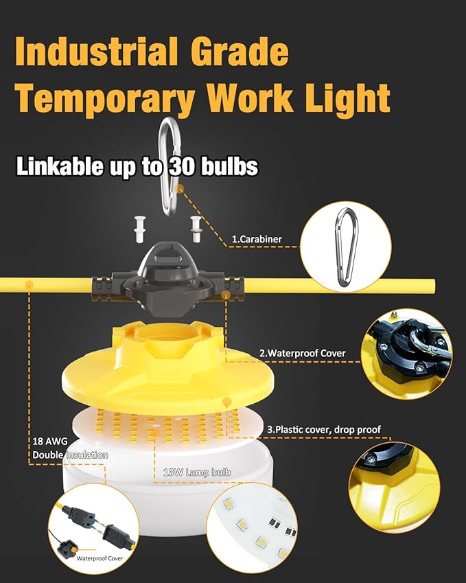 LED Construction String Light 50FT, 65W 8000Lm Industrial LED String Work Lights - Image 3