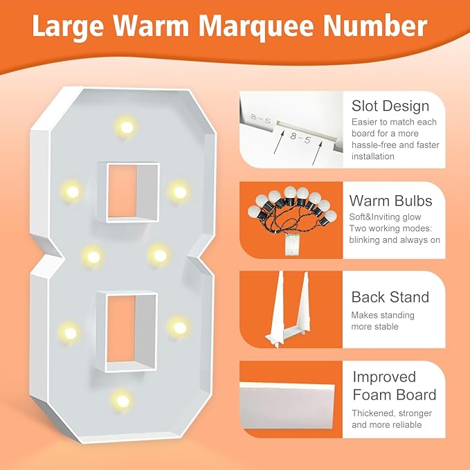 3ft Marquee Numbers, Light Up Numbers 8, 0-9 Warm Yellow LED Light Up Sign - Image 3
