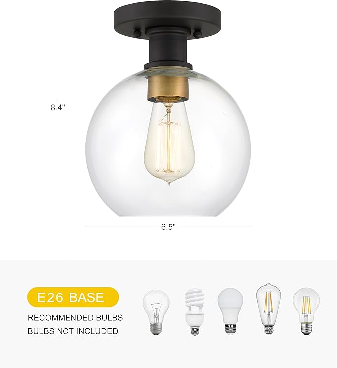 Dan Modern Farmhouse 1-Light Flush Mount Ceiling Light Clear Glass Globe Black - Image 3