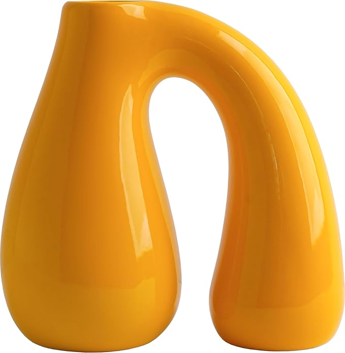 Yellow Ceramic Vase – Glossy Modern Sculptural Décor, Arch Handle Artistic - Image 2
