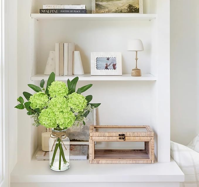 Hollyone Green Hydrangea Artificial Flowers in Clear Glass Vase - Image 4
