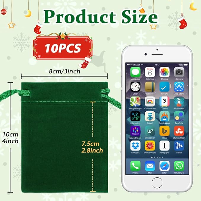 Shintop 10pcs Small velvet bags, 3x4inch Green Jewelry Pouches Drawstring Gift - Image 2