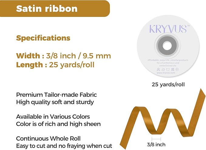 Gold Satin Ribbon 3/8 inch X Continuous 25 Yards, Single Face Polyester Ribbon - Image 3