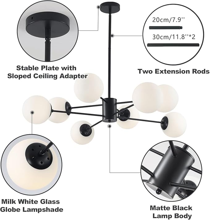 KCO Lighting Black Sputnik Chandelier Ceiling Mount 8-Light Glass Globe Sputnik - Image 3