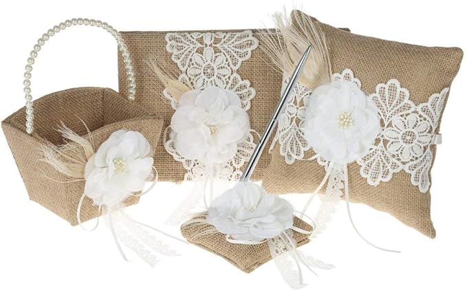 Fbest 4pcs/Set Vintage Rustic Burlap Wedding Supplies Flower Girl Basket + Ring by PROFESSIONALSINK%C2%A0FORYOU