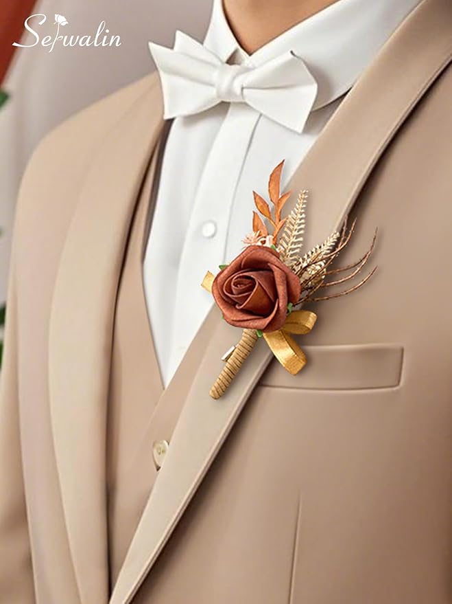 Serwalin 10Pcs Boutonniere for Men, Burnt Orange Groom and Best Man Boutonniere - Image 6