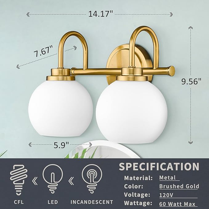 Gold Bathroom Vanity Light Fixtures, 2 Light Modern Over Mirror - Image 6