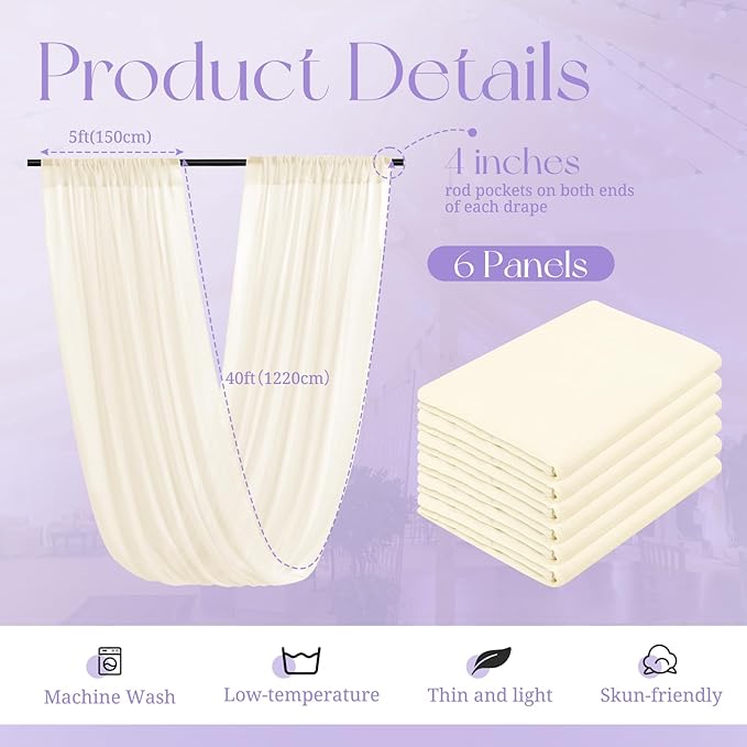 6 Panels Ivory Ceiling Drapes for Wedding, 5ftx40ft Cheesecloth Sheer Fabric - Image 2