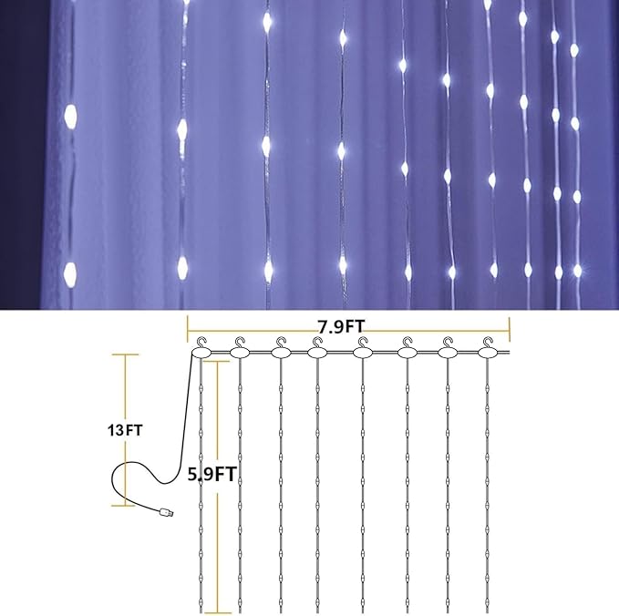 White Curtain Lights for Bedroom, 7.9Ftx5.9Ft 144 LED Waterproof USB Powered - Image 2