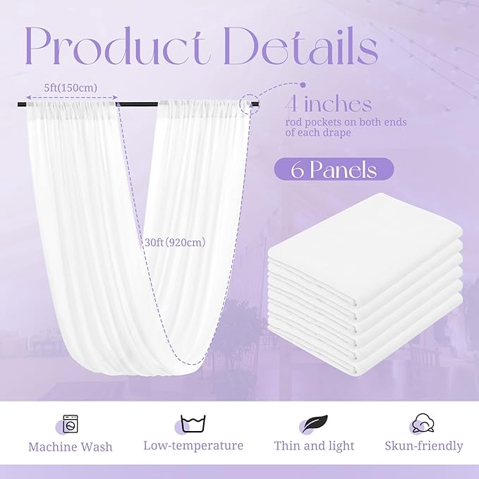 6 Panels White Ceiling Drapes for Wedding, 5ftx30ft Ceiling Drapes Cheesecloth - Image 2